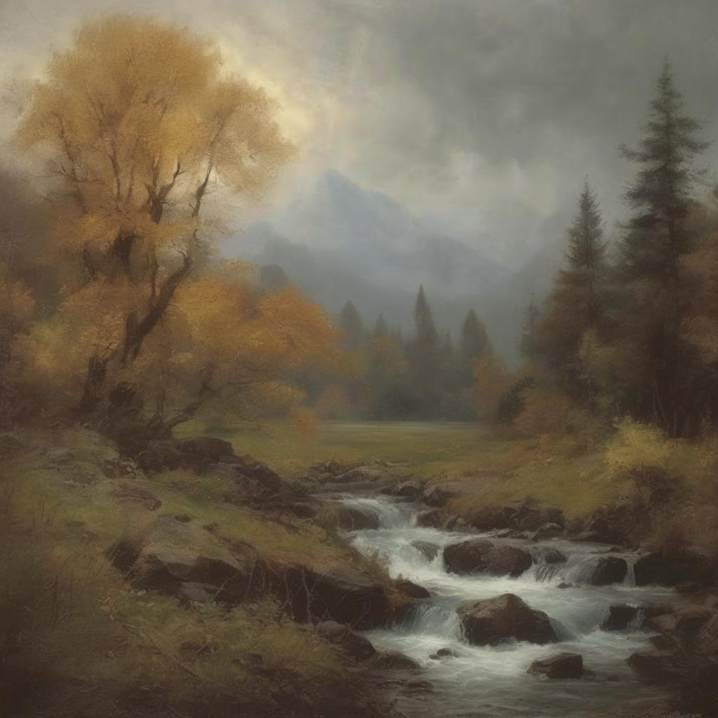 Λήψη φυσικού τοπίου με ποταμό και δέντρα, ρεαλιστική ζωγραφική, τέχνη και εικόνα, καλλιτέχνες και δημιουργίες, τοπίο με ανοιχτό ουρανό και βουνά, παραδοσιακή ζωγραφική φύσης, πανέμορφη φύση και ηρεμία, παραλληλισμός με την τέχνη της ζωγραφικής.