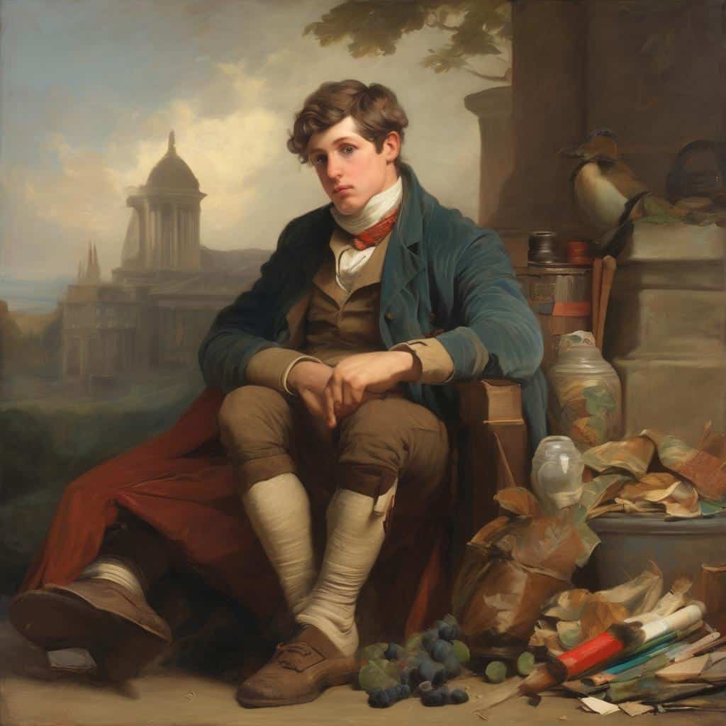 Άνδρας νεαρός σε ρεαλιστικό πορτρέτο, καθισμένος με μια ήρεμη και σκεπτόμενη έκφραση, περιβάλλεται από καλλιτεχνικά εργαλεία και αντικείμενα, με ιστορικό κτίριο και τοπίο στο φόντο, αναδεικνύοντας την τέχνη και τη δημιουργία.