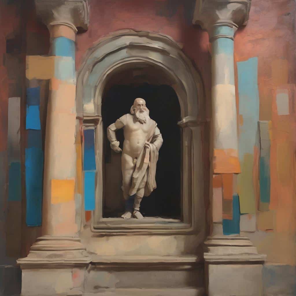 Κάλλιγραφος αρχαίος άγαλμα σε ιταλική αρχιτεκτονική με αρμονική δομή και χρωματική παλέτα, τέχνη και εικόνα από καλλιτέχνες.