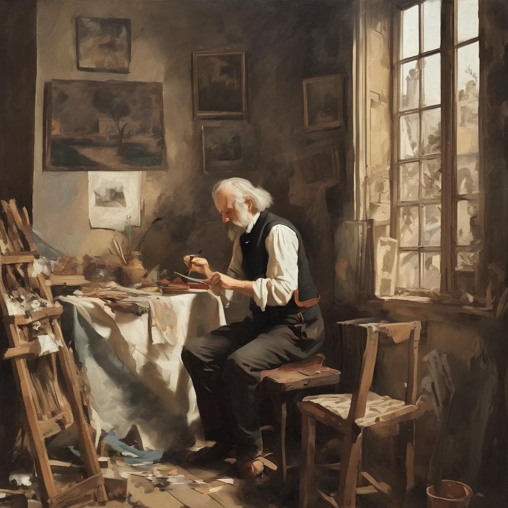 Παραδοσιακός καλλιτέχνης στο εργαστήρι ζωγραφικής με πίνακες και καμβάδες, απομονωμένη ατμόσφαιρα, φυσικό φως από το παράθυρο, δημιουργία τέχνης και εικόνας, ιστορικό καλλιτεχνικό περιβάλλον, αισθητική τέχνης και δημιουργικότητα.
