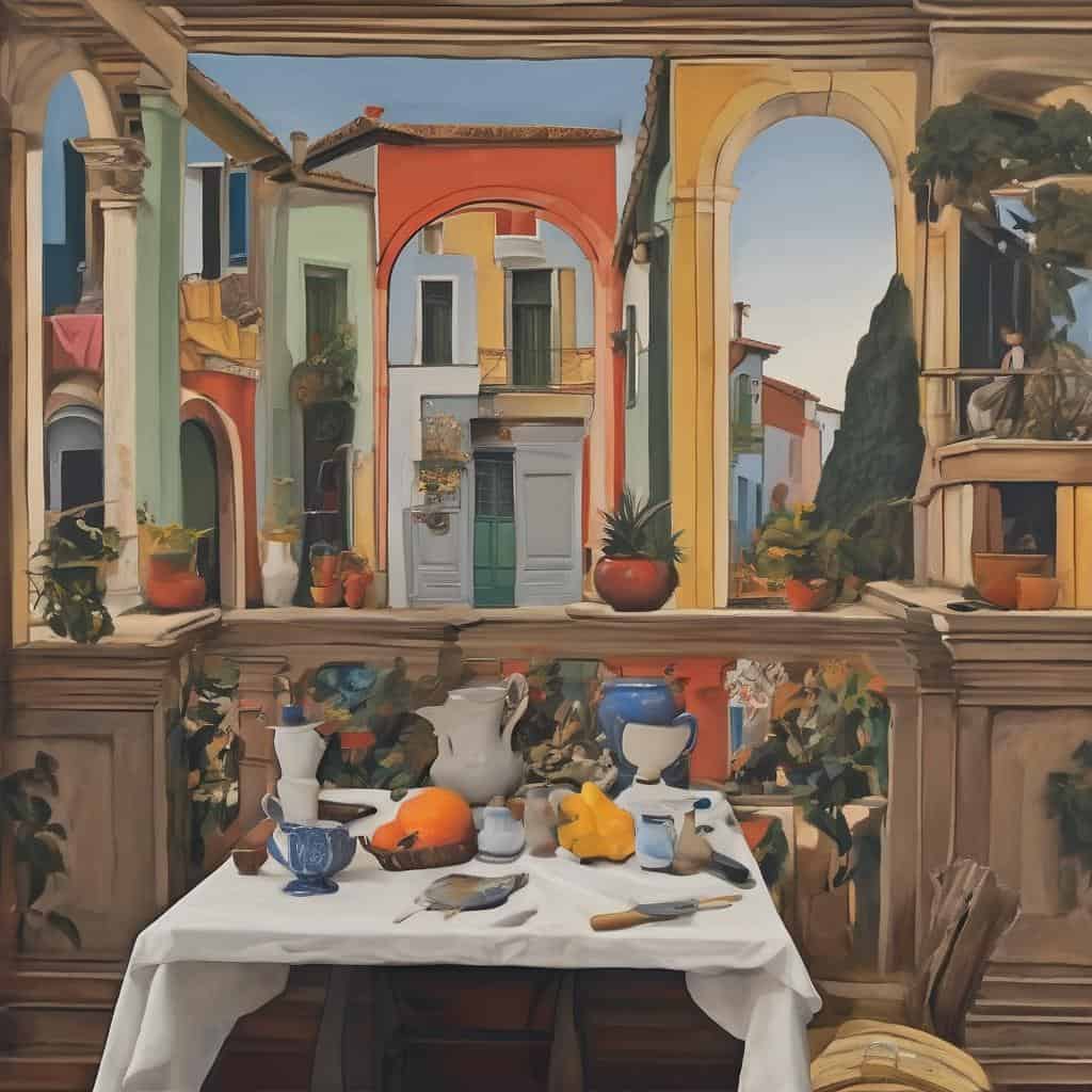 Ζωγραφική τουριστική σκηνή με πολύχρωμα κτήρια σε παραδοσιακό ελληνικό χωριό με τραπέζι φαγητού και αντικείμενα, σε ακατέργαστο στυλ ζωγραφικής.