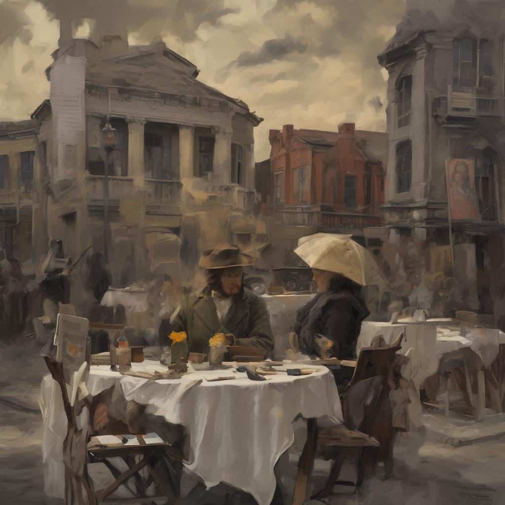 Ρεαλιστική εικόνα με καλλιτέχνες σε καφετέρια σε ιστορική πόλη, ζωγραφική δημιουργία, τέχνη και εικόνα, αναπαράσταση καθημερινής ζωής, καλλιτεχνική σύνθεση, διάθεση και ατμόσφαιρα.